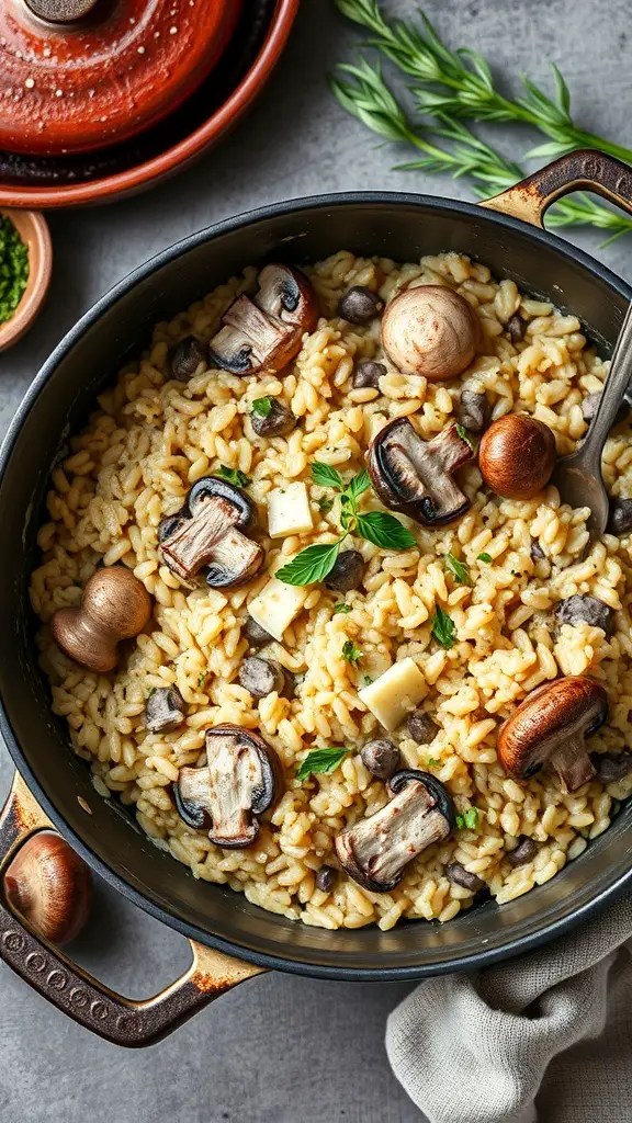 A pot of creamy mushroom risotto with fresh herbs and mushrooms on top.