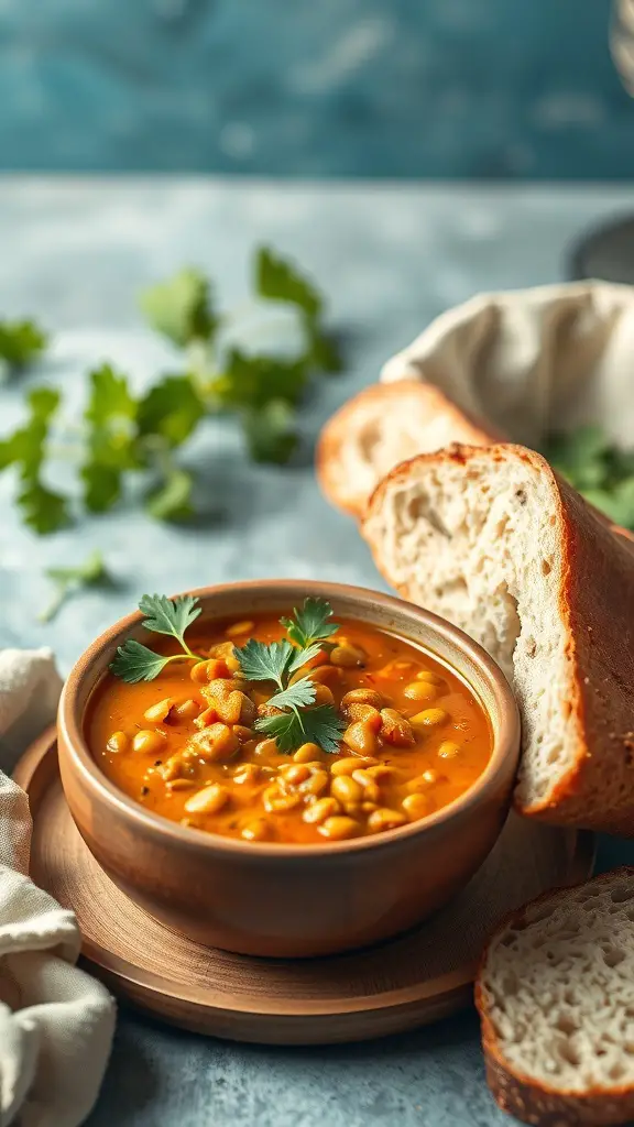 A bowl of curried lentil soup with bread on the side and fresh cilantro on top.