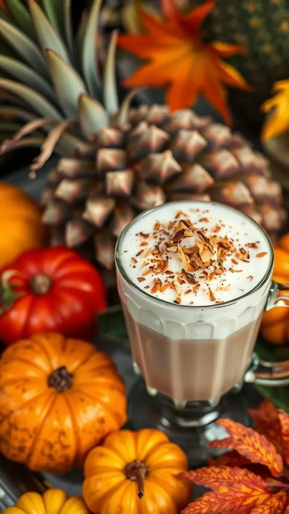 A delicious Coconut Cream Latte topped with toasted coconut flakes, surrounded by autumn decorations like pumpkins and colorful leaves.