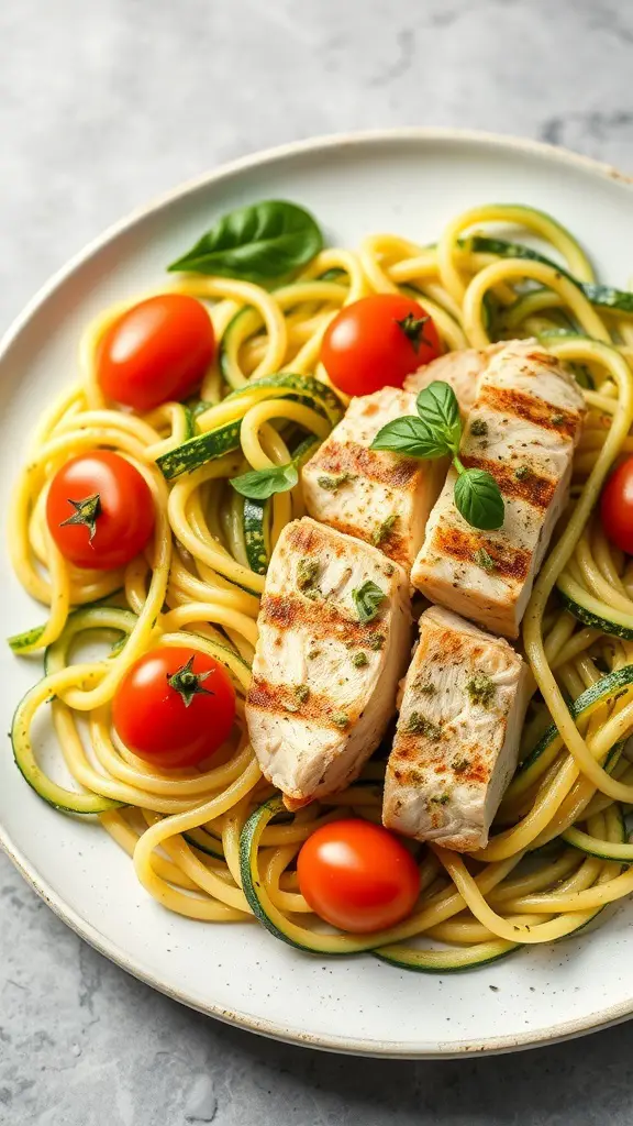 A plate of zucchini noodles topped with grilled chicken and cherry tomatoes, drizzled with pesto.