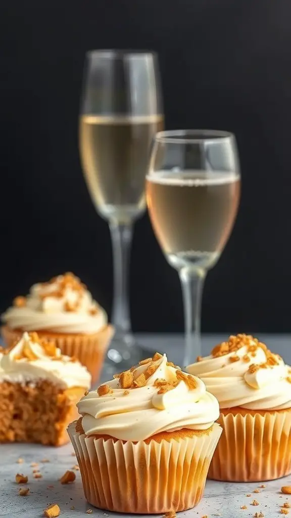 Champagne flavored cupcakes with frosting and champagne glasses in the background