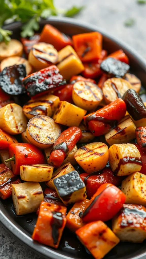 A colorful grilled vegetable medley featuring bell peppers, zucchini, eggplant, and cherry tomatoes.