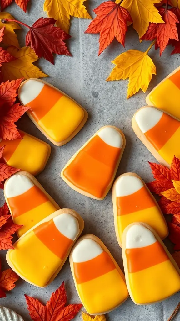 Colorful candy corn shaped sugar cookies decorated with icing, surrounded by autumn leaves.