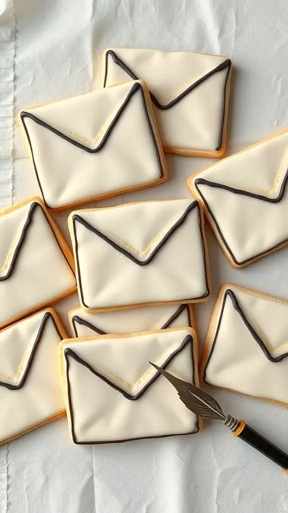 Cookies shaped like Hogwarts acceptance letters with icing decoration