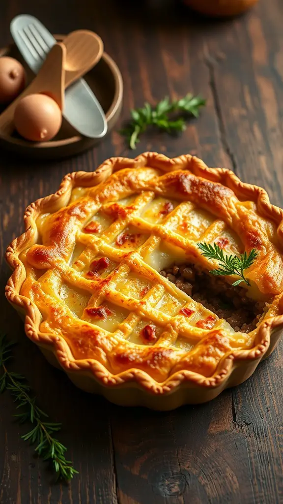 A savory beef and potato pie with a golden crust and lattice top, surrounded by cooking utensils and fresh herbs.