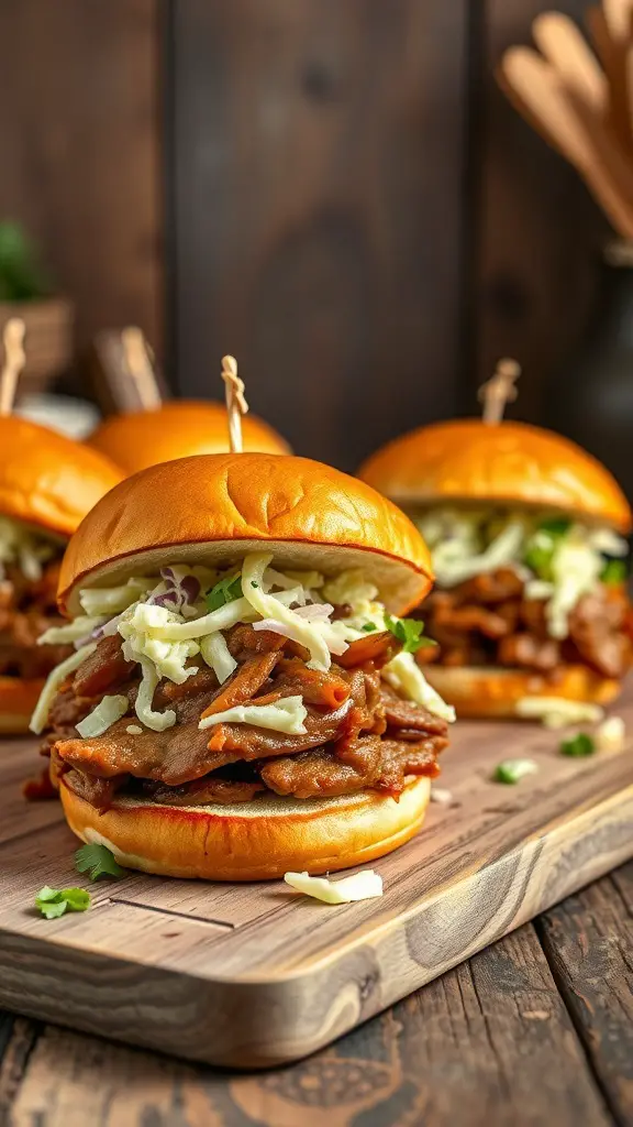 Pulled pork sliders with coleslaw on a wooden platter