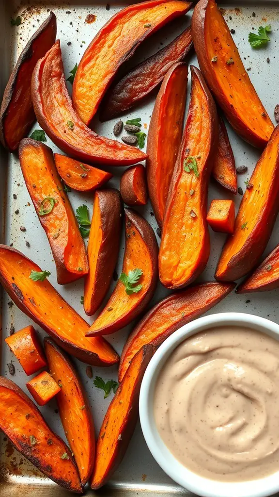 A tray of roasted sweet potato wedges with a creamy dip