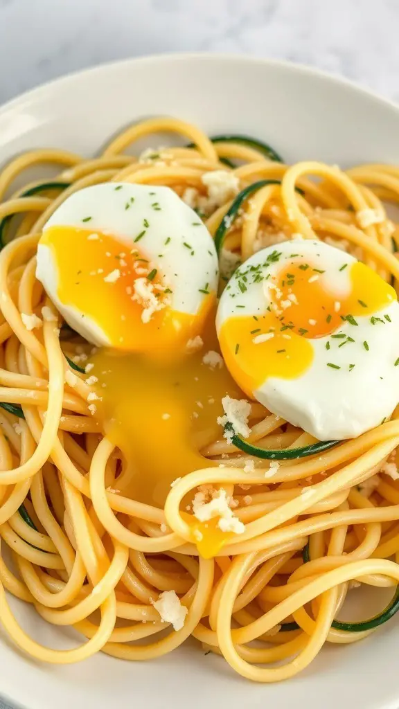 Zucchini noodles topped with poached eggs and cheese