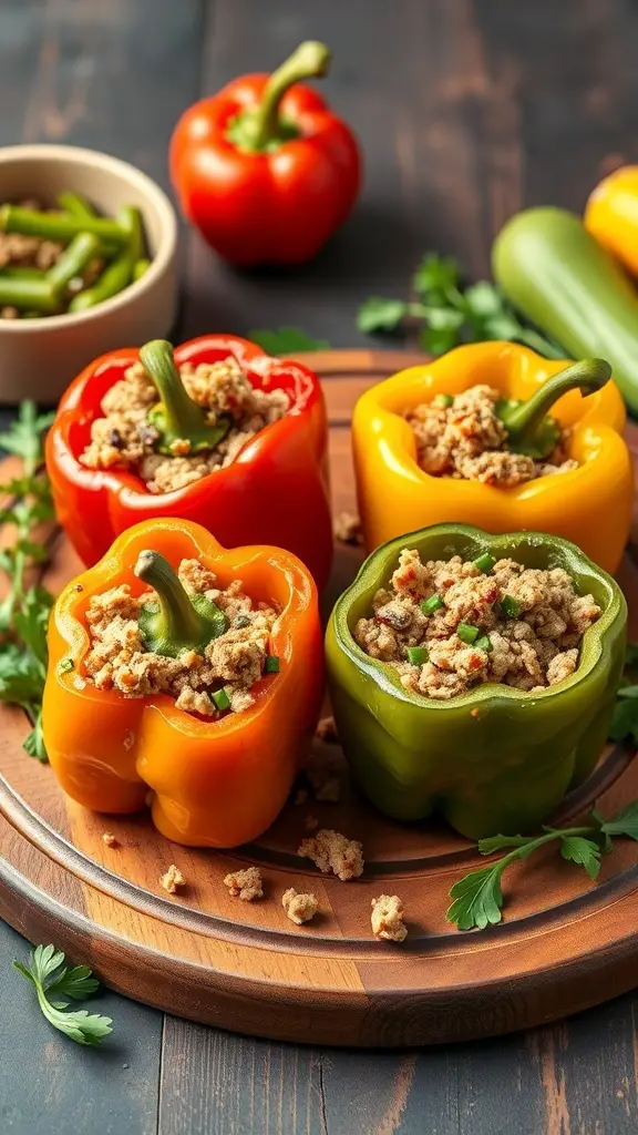 Colorful stuffed bell peppers filled with turkey and spices on a wooden platter.