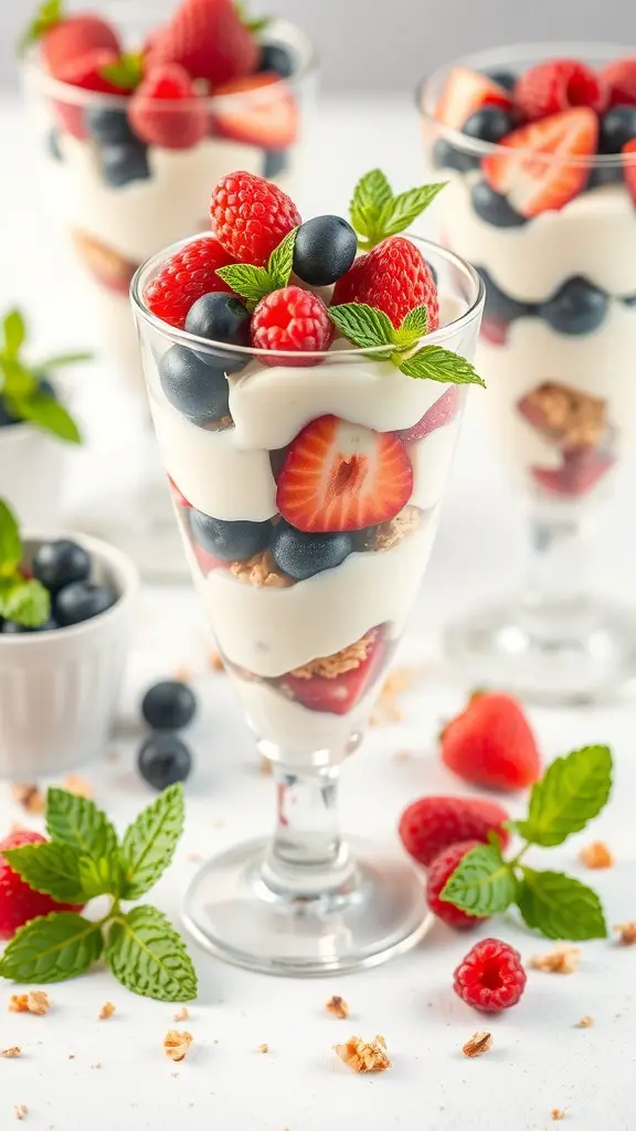 A delicious yogurt parfait with layers of yogurt, granola, and fresh berries