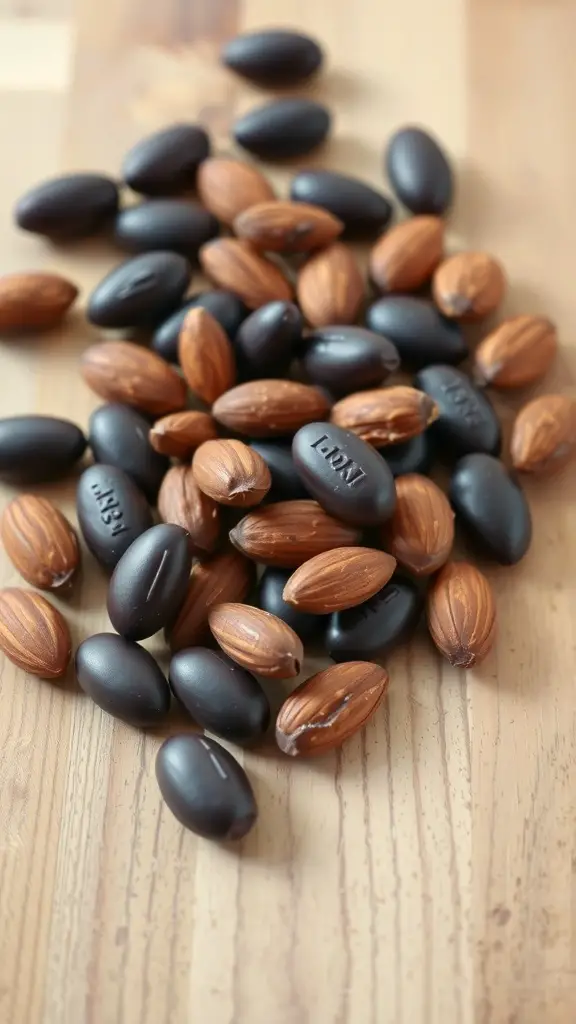 A pile of dark chocolate covered almonds on a wooden surface.