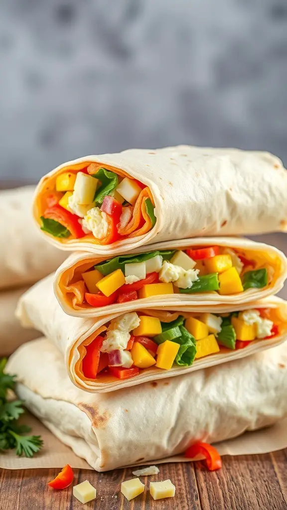 Three breakfast burritos filled with eggs and colorful vegetables
