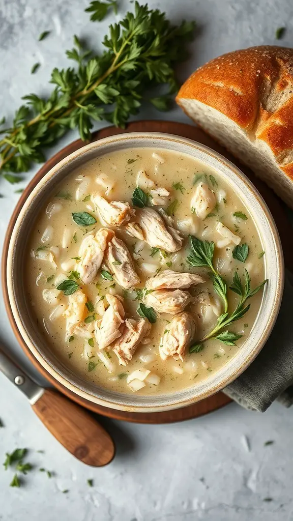 A bowl of creamy chicken and wild rice soup with a slice of bread and fresh herbs.