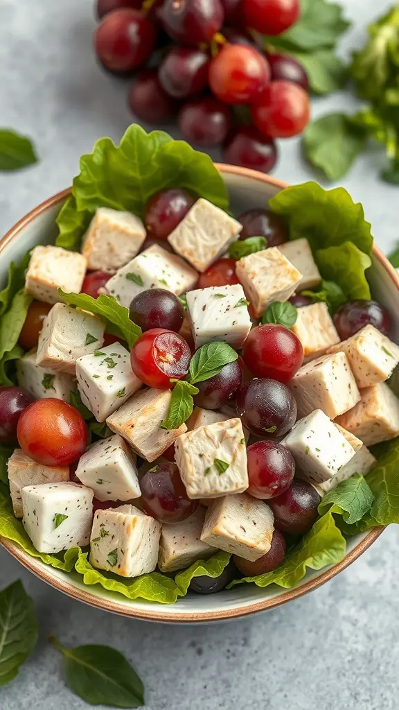 A bowl of Greek Yogurt Chicken Salad with grapes and lettuce, garnished with herbs.