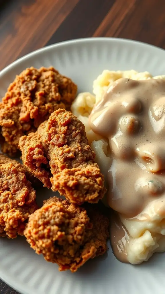 Plate of crispy fried chicken with creamy mashed potatoes and gravy