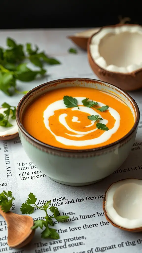 A bowl of creamy sweet potato soup with coconut milk and cilantro on top, surrounded by fresh ingredients.