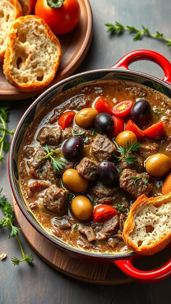 A bowl of Mediterranean beef stew with olives, garnished with cherry tomatoes and fresh herbs, alongside slices of bread.