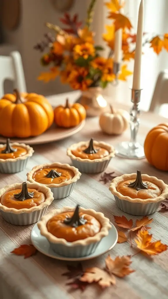 A cozy display of mini pumpkin pies on a table decorated with autumn leaves and pumpkins.