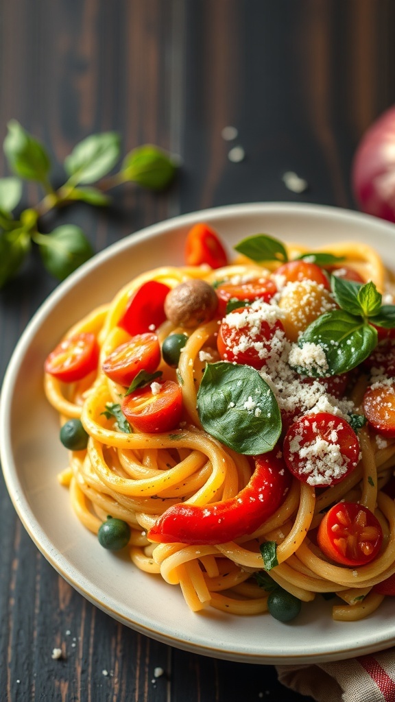 A plate of Pasta Primavera with seasonal vegetables, featuring cherry tomatoes, bell peppers, and fresh basil.