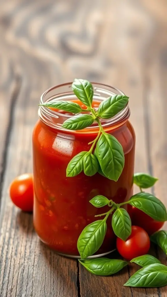 A jar of tomato sauce with fresh basil leaves and cherry tomatoes on a wooden surface.