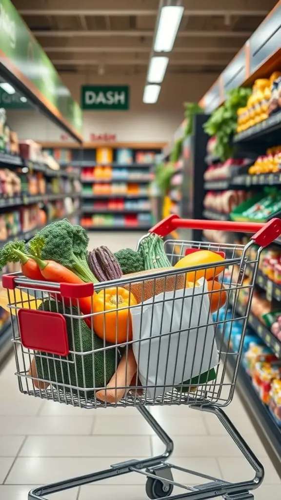 A shopping cart filled with fresh vegetables in a grocery store aisle labeled DASH