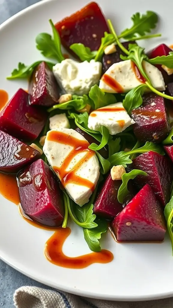 A vibrant roasted beet salad with goat cheese, arugula, and balsamic glaze on a white plate.