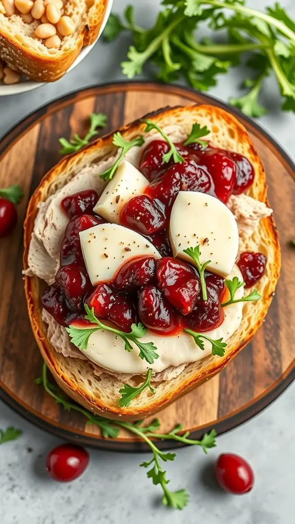 A delicious Turkey, Cranberry, and Brie Sandwich on a wooden board, garnished with fresh herbs.