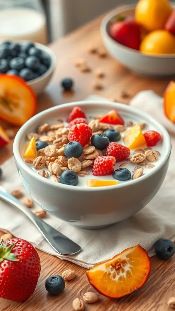 A bowl of oatmeal topped with fresh fruits and nuts, surrounded by additional fruits on a wooden table.