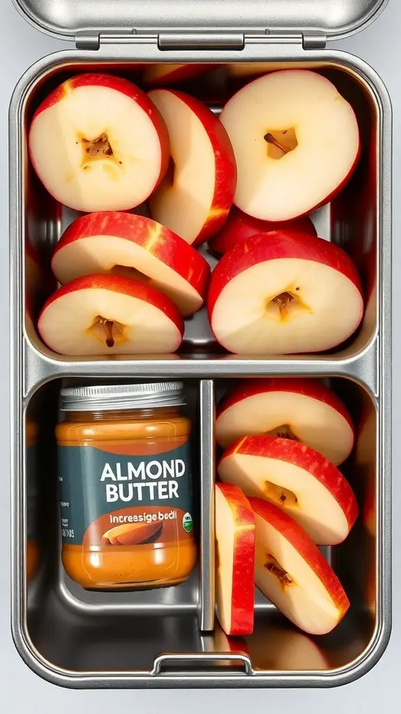 Lunchbox with apple slices and a jar of almond butter