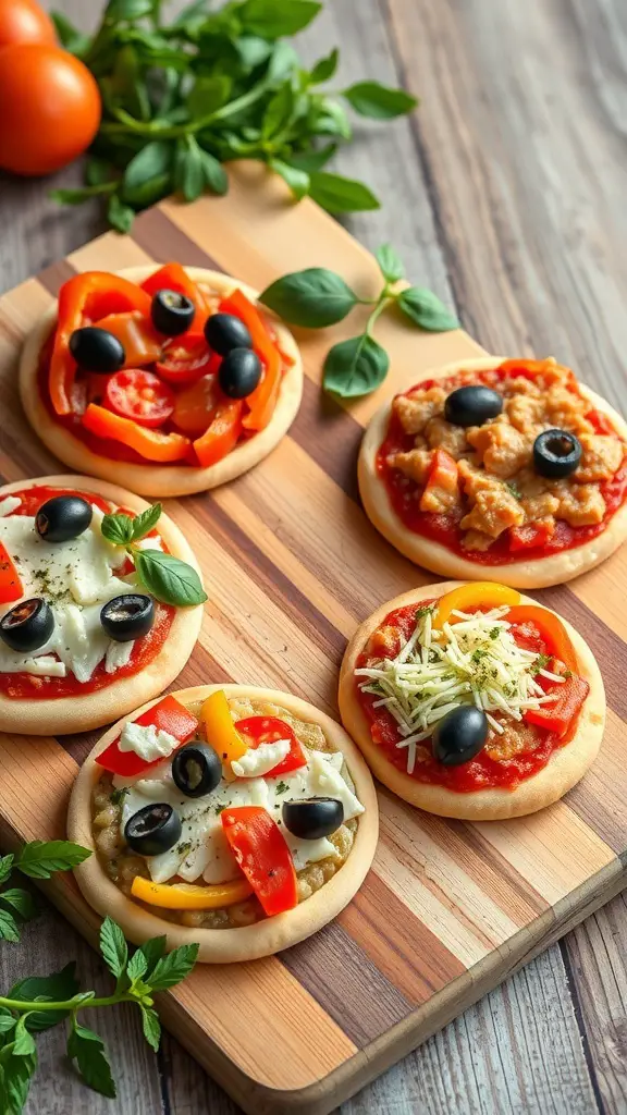 Colorful mini veggie pizzas on a wooden board, topped with olives, bell peppers, and cheese.