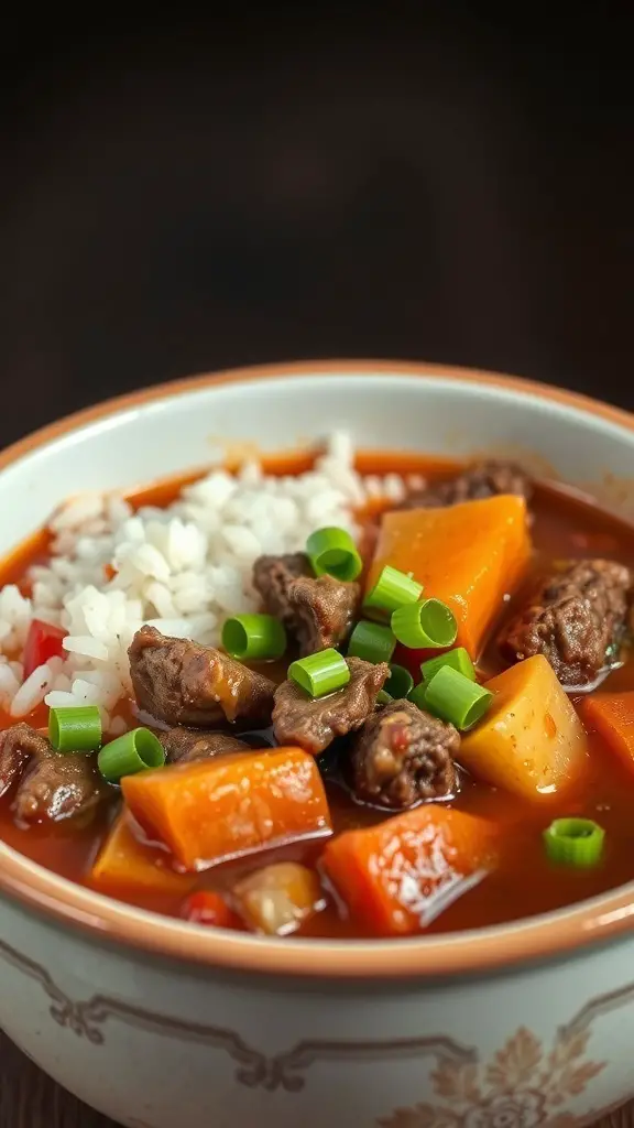 A bowl of Cajun Beef Gumbo with rice and green onions