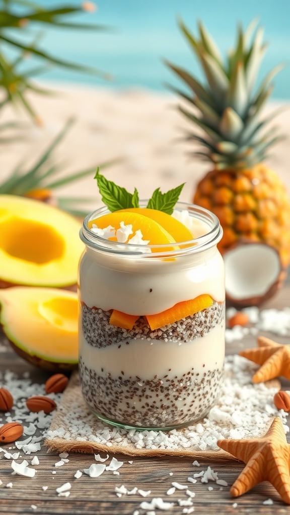 A jar of chia seed pudding layered with coconut and fresh fruit, set against a tropical background.