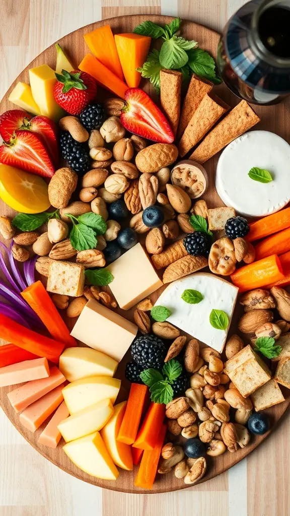 A vibrant vegan charcuterie board featuring fresh fruits, vegetables, nuts, and vegan cheese.