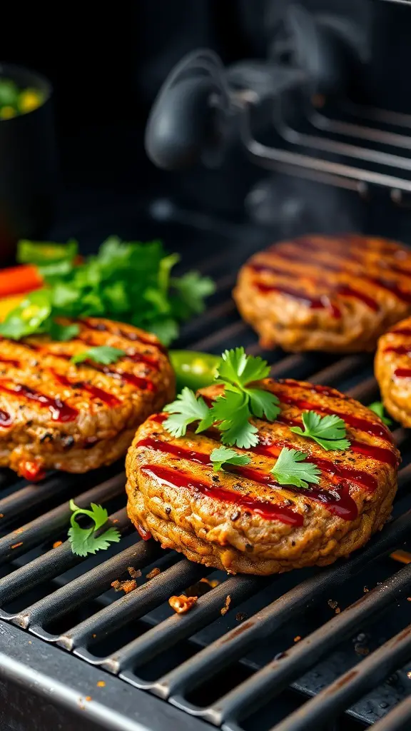 Grilled Spicy Chipotle Turkey Burgers on a barbecue grill with fresh cilantro