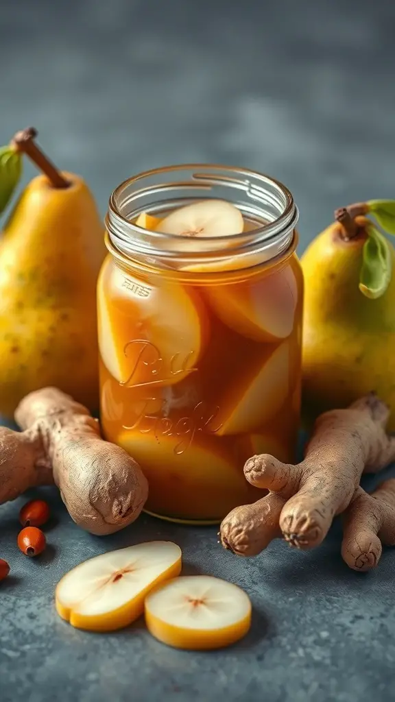 A jar of pear and ginger preserve with fresh pears and ginger roots around it.