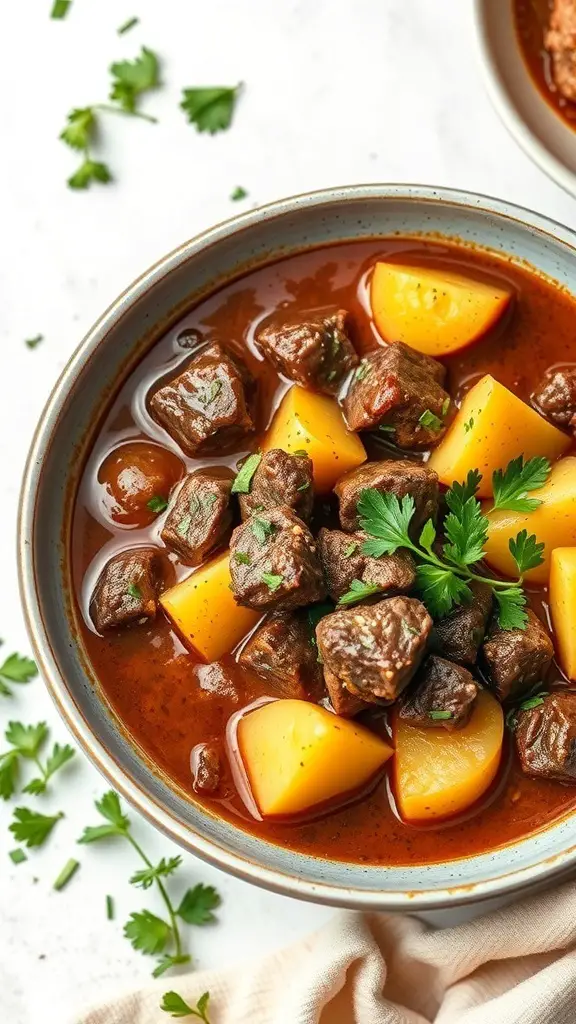 A bowl of classic beef stew with potatoes, garnished with fresh parsley.