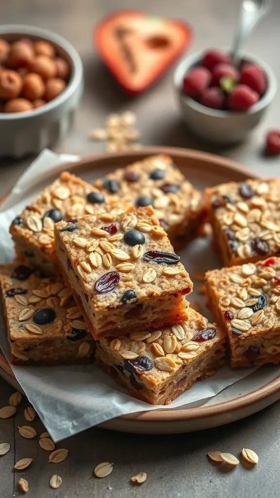 A plate of homemade breakfast bars made with oats and fruits, surrounded by bowls of nuts and berries.