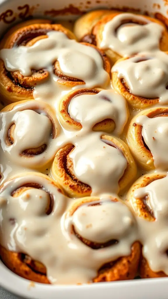 A close-up of a cinnamon roll casserole topped with creamy icing.