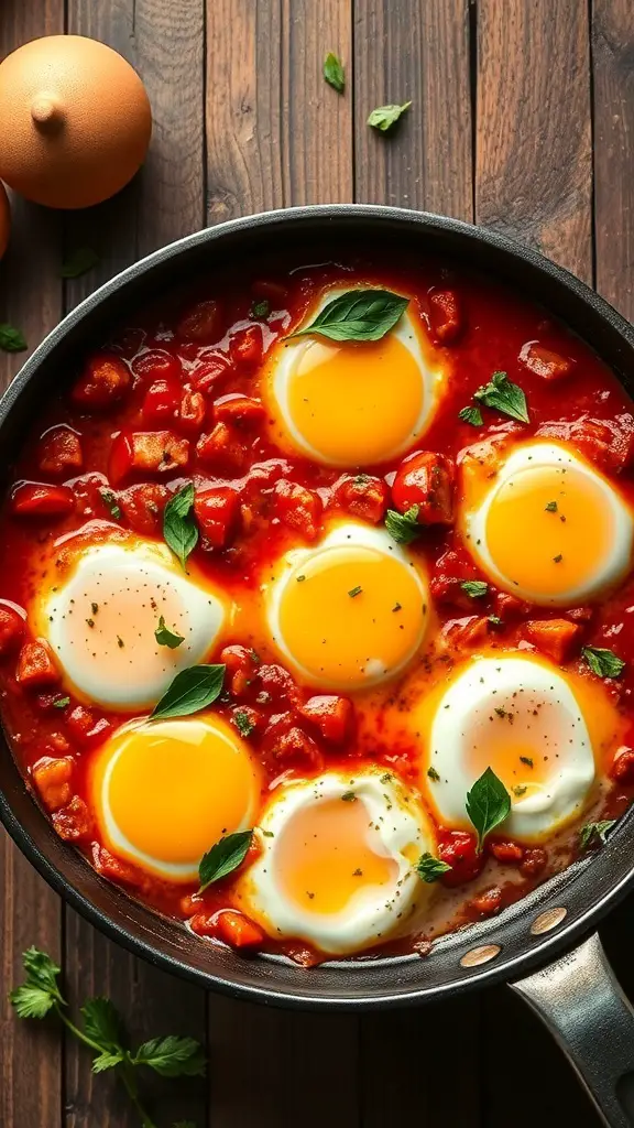 A skillet with poached eggs in tomato sauce, garnished with herbs.