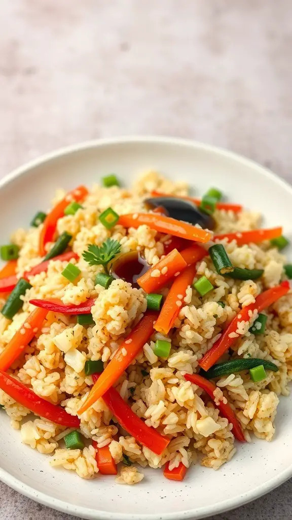 A colorful plate of cauliflower rice stir-fry with red bell peppers, green onions, and sesame seeds.