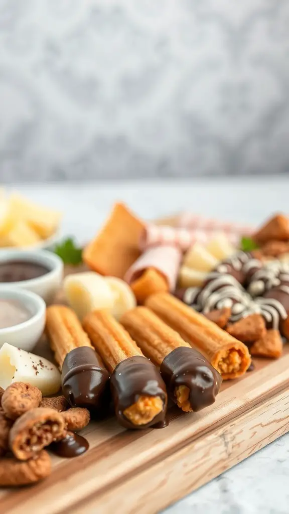 A close-up of chocolate dipped churros on a charcuterie board, surrounded by various snacks.