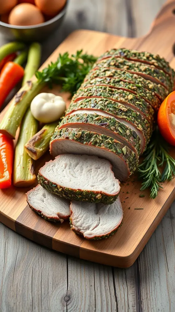 Sliced herb-crusted pork tenderloin on a wooden cutting board with fresh vegetables.