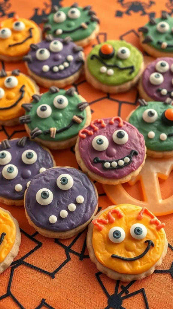 A variety of colorful monster face cookies with different expressions on an orange Halloween-themed tablecloth.