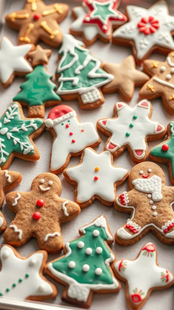 A variety of decorated gingerbread cookies including stars, Christmas trees, and gingerbread men.