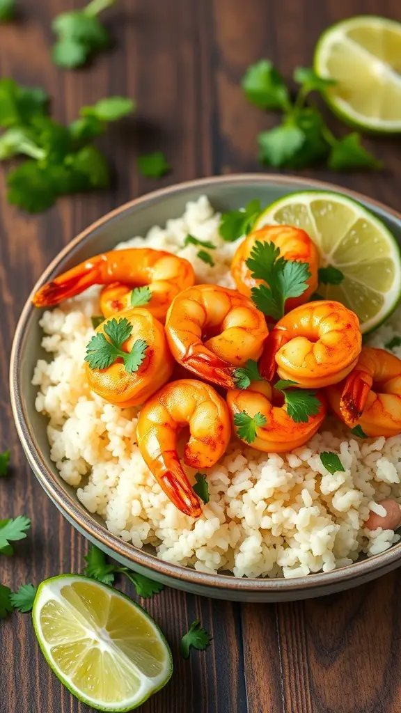 A bowl of spicy shrimp on cauliflower rice, garnished with lime and cilantro.