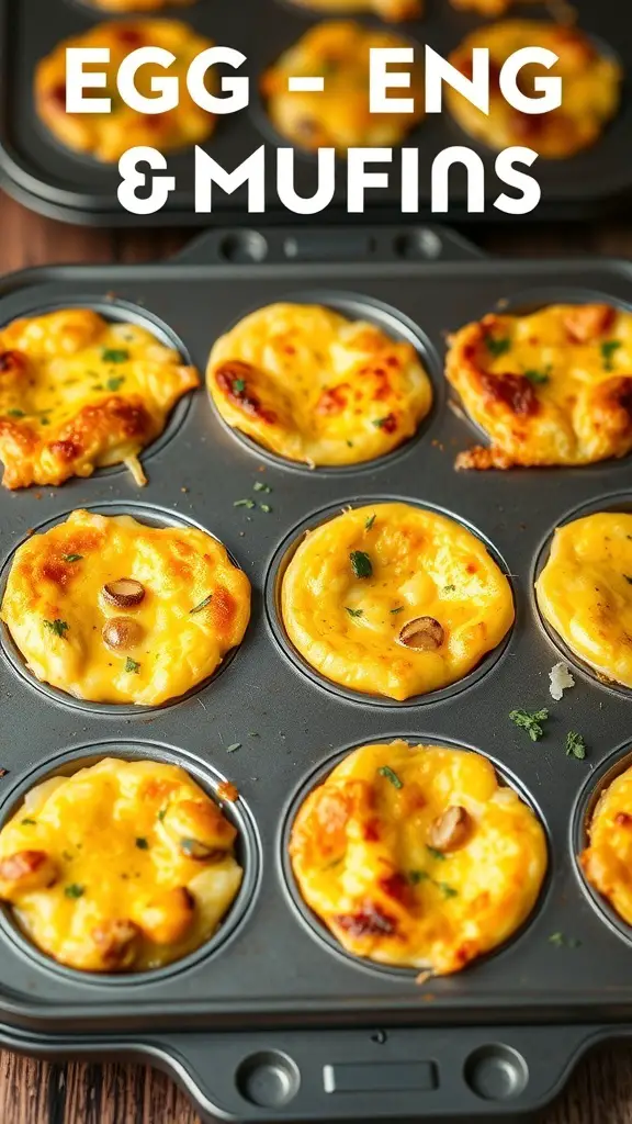 A tray of cheesy egg muffins, golden and bubbling with melted cheese.