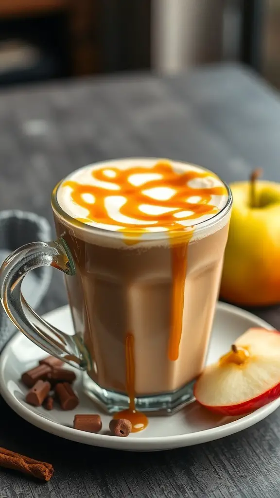 A Caramel Apple Latte in a clear glass with caramel drizzle, an apple slice, and chocolate pieces on a plate.