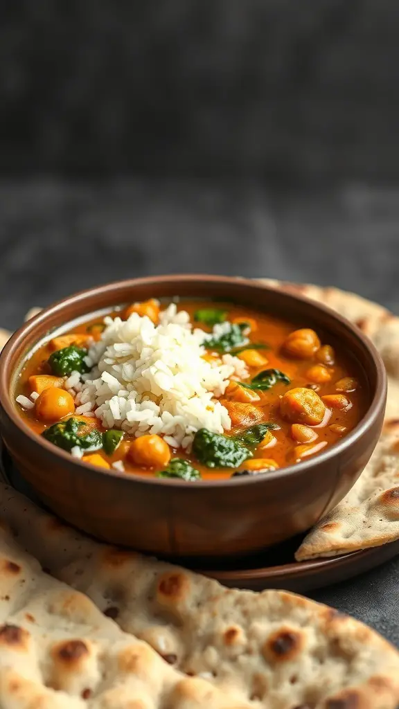 A bowl of chickpea curry with spinach, topped with rice, served with naan bread.