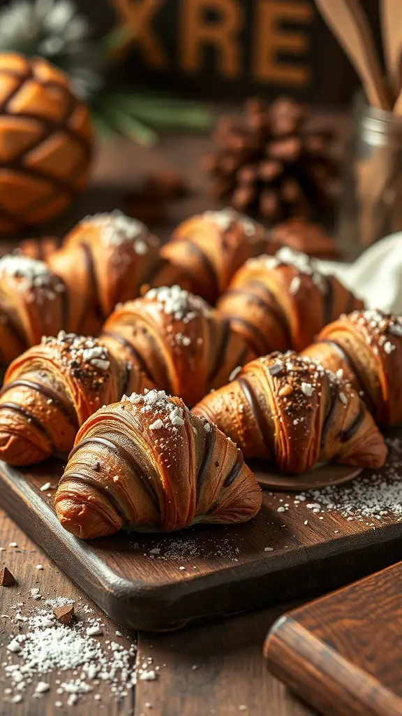 A wooden board filled with chocolate croissant bites, dusted with powdered sugar.