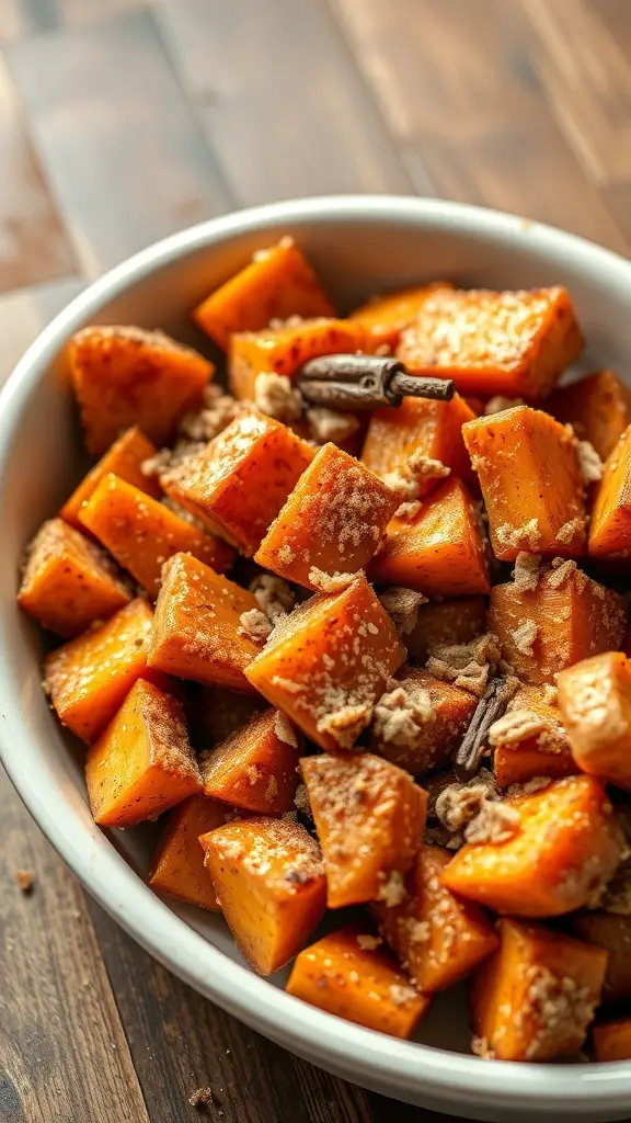 Bowl of cinnamon roasted sweet potatoes with brown sugar and spices